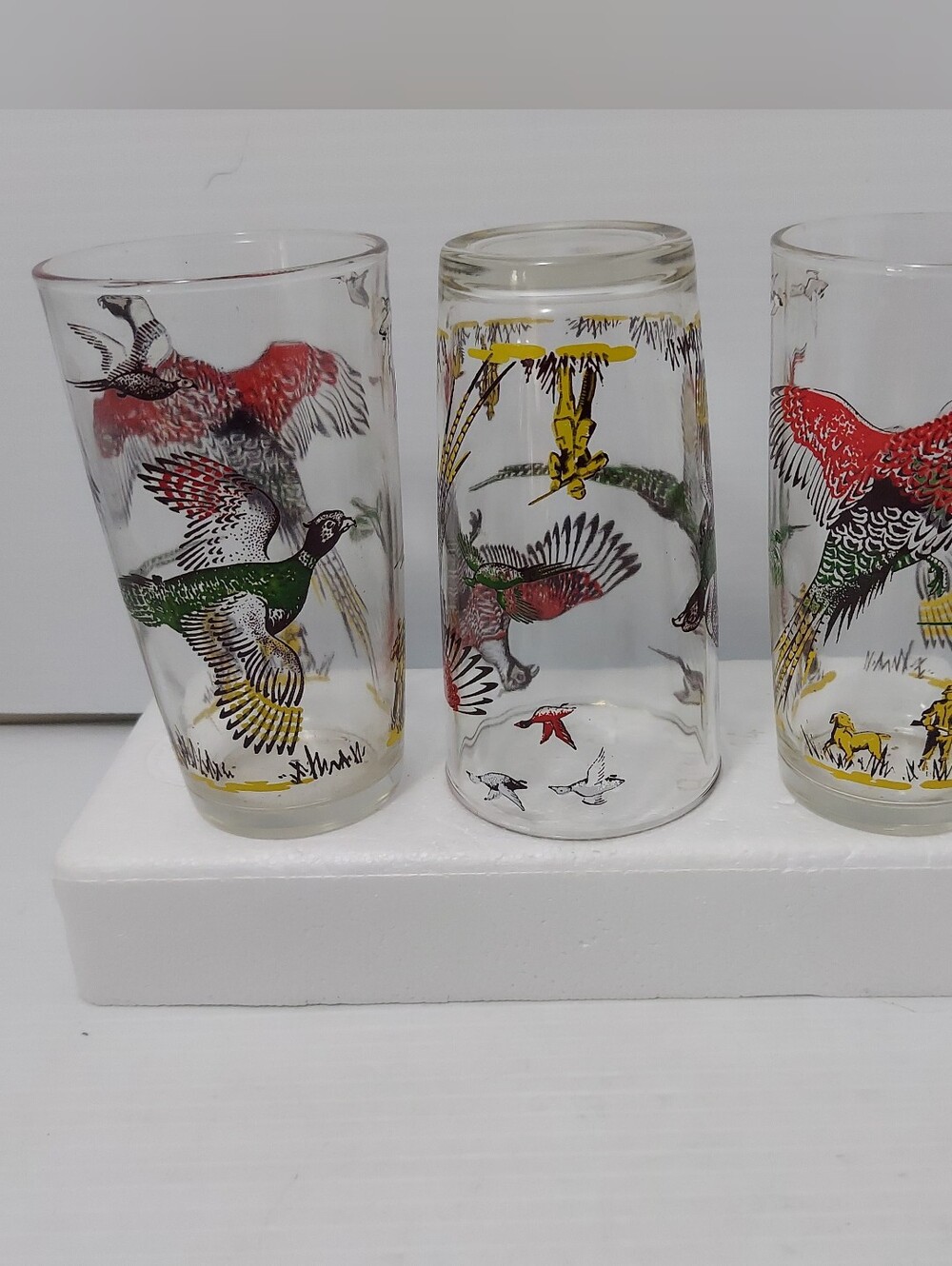 Vintage Hazel Atlas Large Pheasant Hunting Glass Tumblers 5" Tall EUC Set Of 3